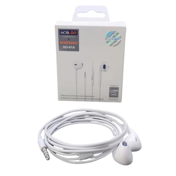 Mobigo GO-61A earphones with extra bass and 3.5mm jack by 9eight5, close-up view of black in-ear headphones.