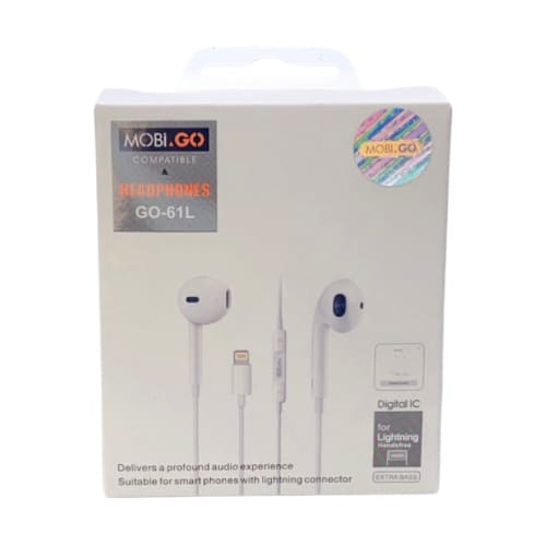 Mobigo GO-61L extra bass earphones with Lightning jack from 9eight5, showing black in-ear design and inline remote.
