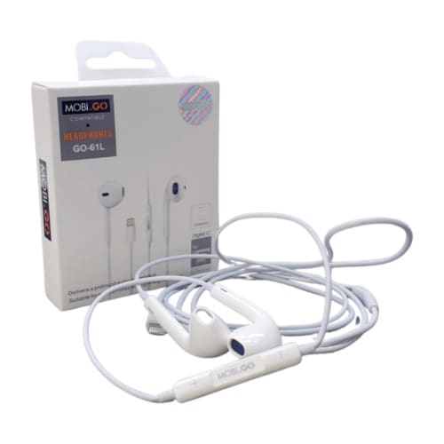 Mobigo GO-61L earphones with extra bass and Lightning jack, 9eight5 brand, in-ear headphones for high-quality sound.