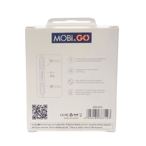 Mobigo GO-61L earphones with extra bass and Lightning connector by 9eight5, showing sleek black design and inline controls.