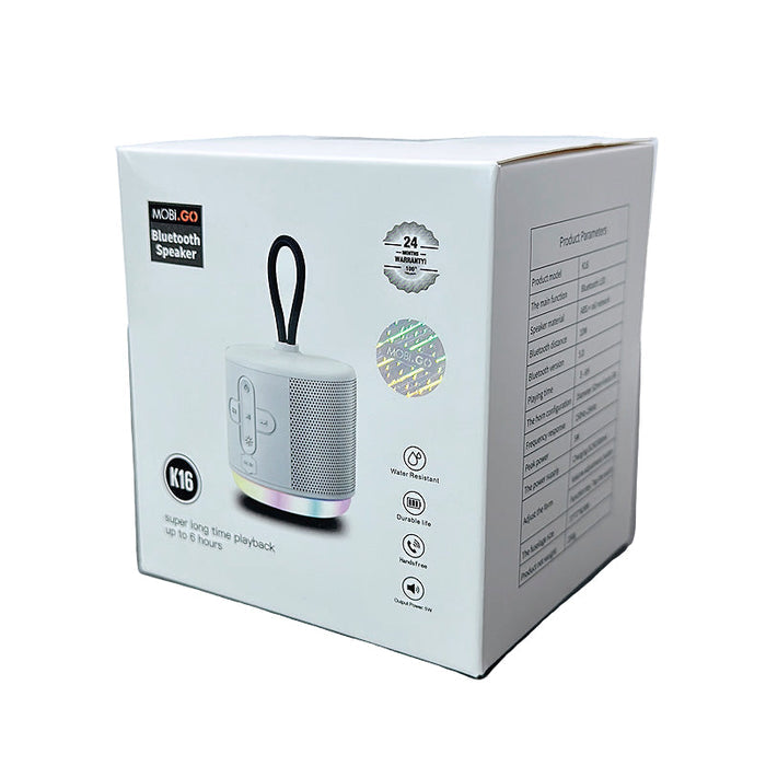 9eight5 Mobigo K16 wireless speaker showing its sleek black design with control buttons on top and a compact portable size