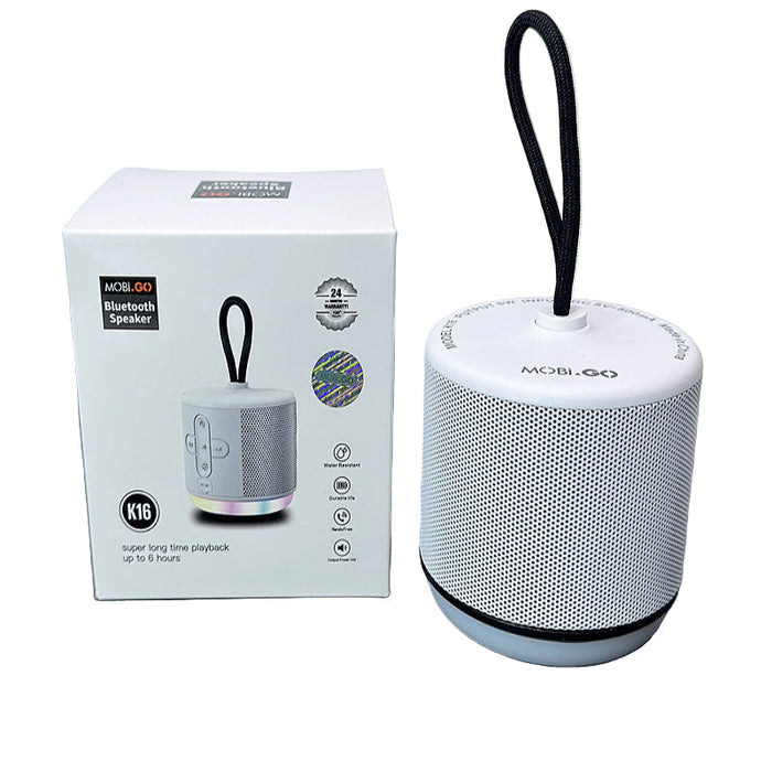 Mobigo K16 wireless speaker by 9eight5 with black design, featuring mesh grille and control buttons on top.