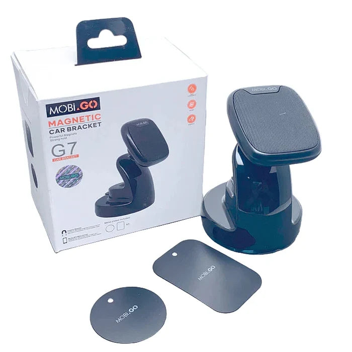 Magigo Magnetic Car Holder G7 by 9eight5 holding a smartphone, mounted on a car dashboard for secure hands-free use.
