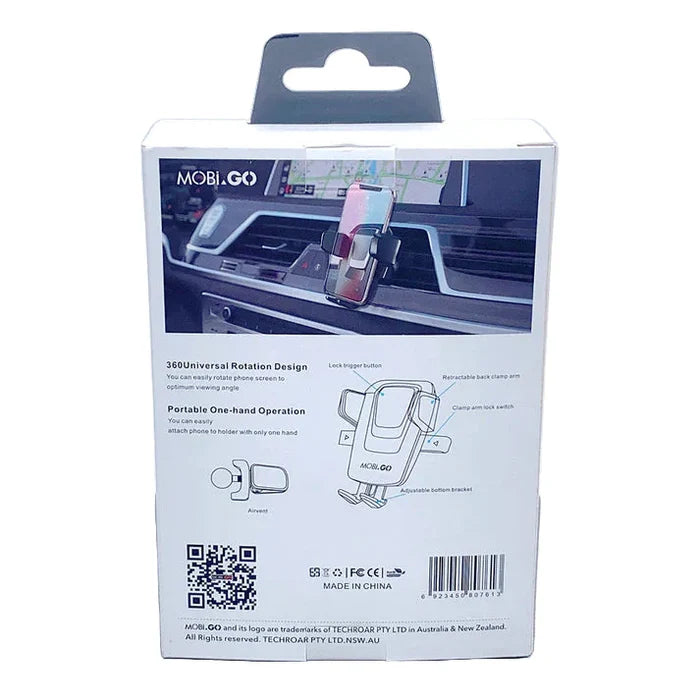 9eight5 Mobigo mobile phone car bracket holder mounted in a vehicle for hands-free use, compatible with smartphones and tablets.