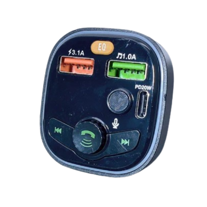 9eight5 Mobigo PD 20W FM MP3 car charger connected to a vehicle's power outlet, with USB and FM transmission features visible.