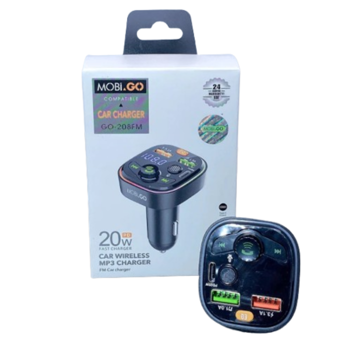 9eight5 Mobigo PD 20W FM MP3 car charger plugged into a vehicle's power socket with USB and FM transmission features.