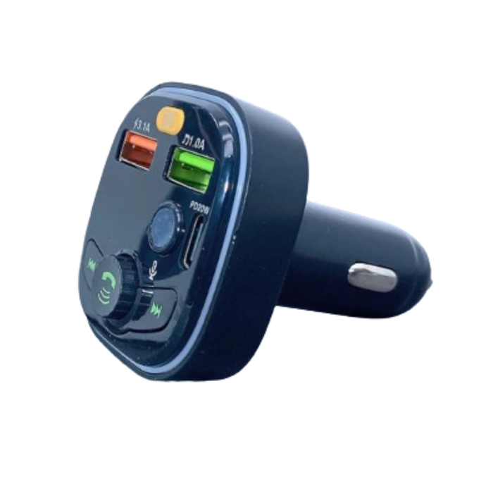 9eight5 Mobigo PD 20W FM MP3 car charger connected to a car’s cigarette lighter port, with USB and FM transmission features visible.