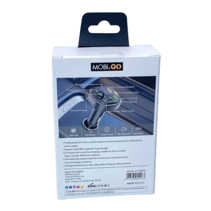 9eight5 Mobigo PD 20W FM MP3 car charger connected to vehicle power outlet with USB and FM transmitter features.