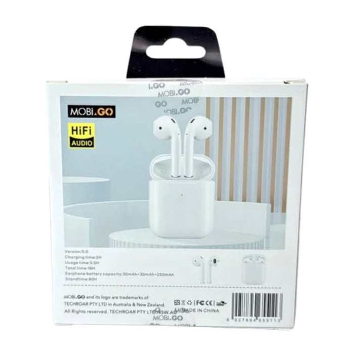 Mobigo TWSA2 true wireless stereo earphones in black, compact design with charging case, for phone and tablet audio.
