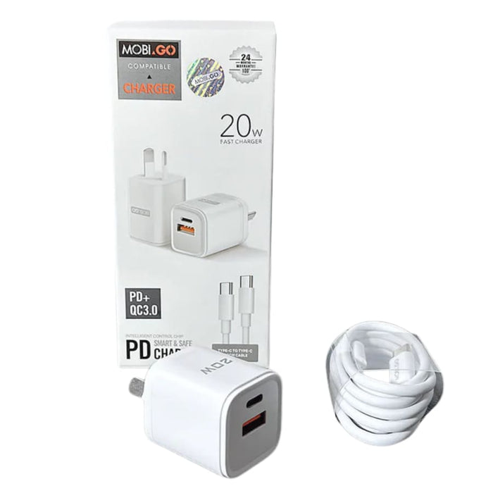 White Mobigo Type C and USB power adapter wall plug with dual ports and Type C to Type C cable for NZ and AUS outlets.