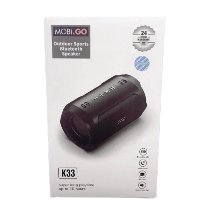 Mobigo Wireless Bluetooth Speaker K33 by 9eight5, compact black speaker with control buttons and a built-in speaker grille.