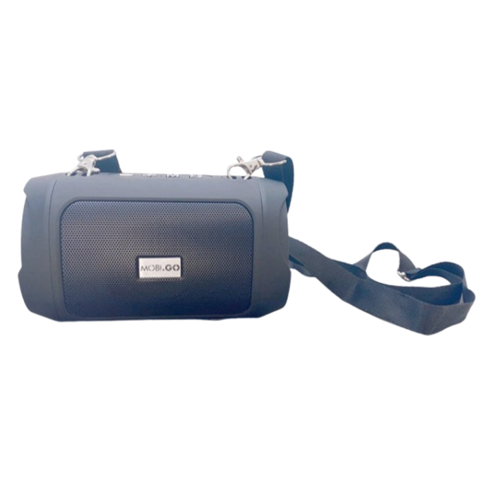 Mobigo Wireless Bluetooth Speaker K33 by 9eight5, showing black compact portable speaker with control buttons on top.