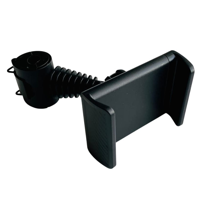 9eight5 mobile phone headrest holder attached to car headrest for hands-free viewing of phone or tablet.