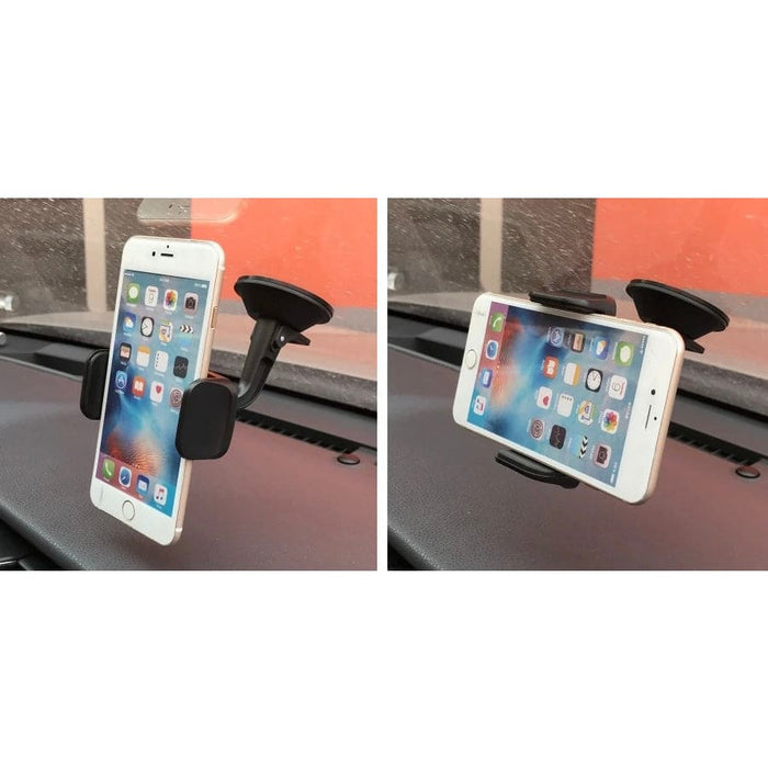 9eight5 mobile phone holder, a sleek adjustable accessory for phones and tablets, mounted on a desk for hands-free use.