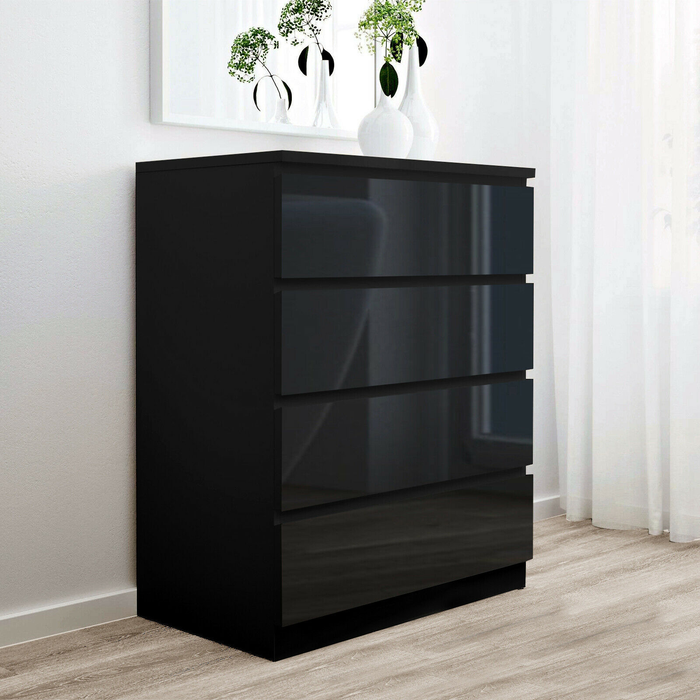 Black Monaco tall boys chest of 4 drawers by sue-e furniture, showing sleek modern design with four spacious drawers.