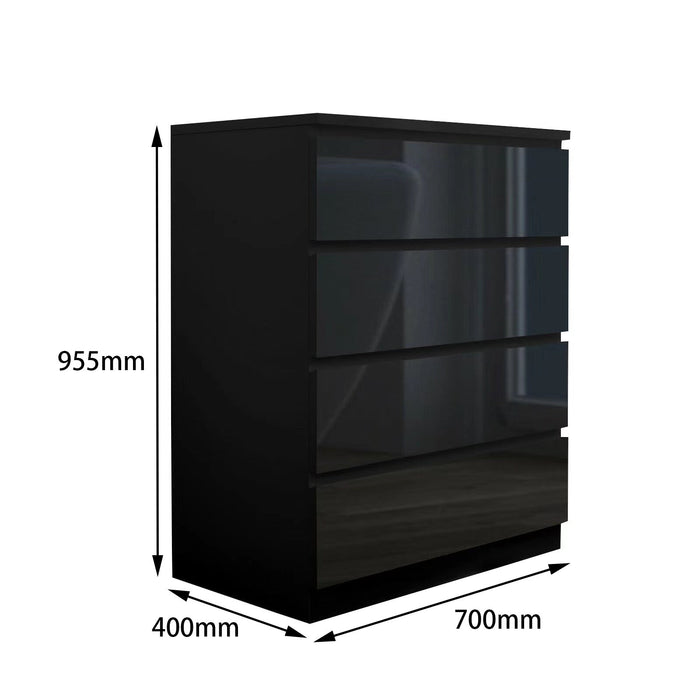 Black Monaco tall boy chest of 4 drawers by sue-e furniture, with sleek modern design and sturdy wooden construction.