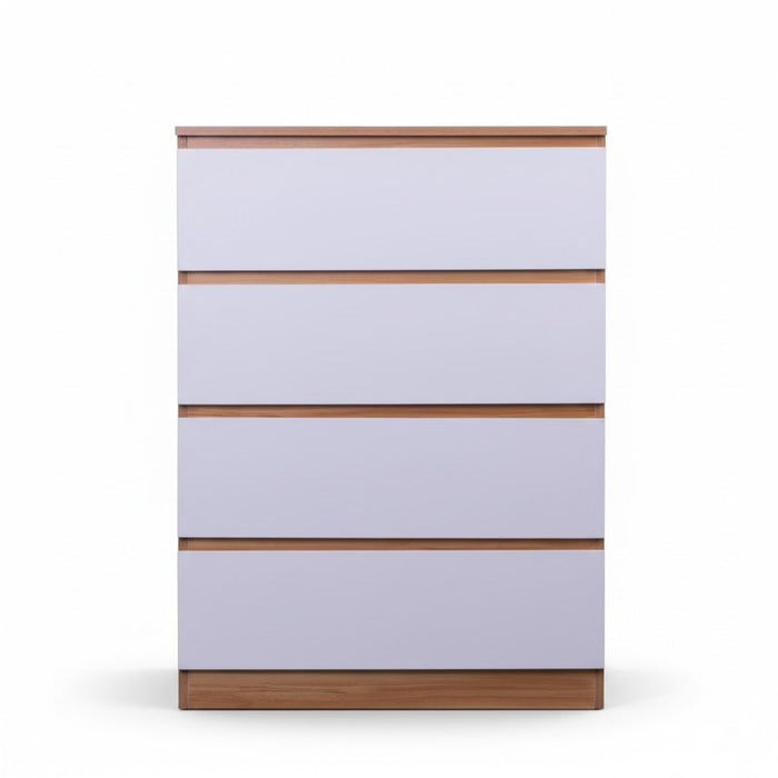 Set of four tall boys drawers in white and oak finish by sue-e furniture, featuring sleek design and spacious storage.