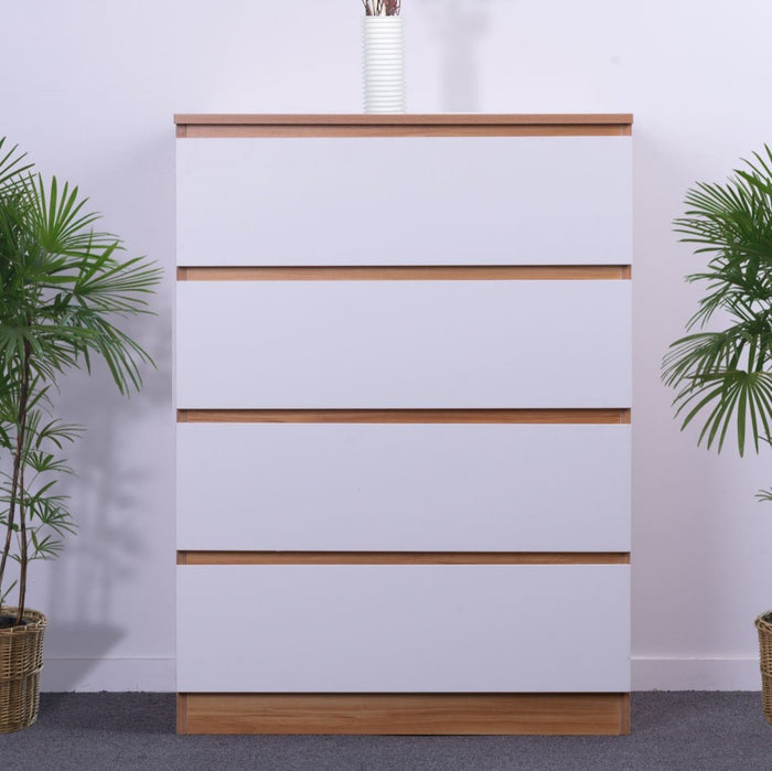 Set of four white and oak tall boys drawers by sue-e furniture, showcasing sleek modern storage with wood accents.