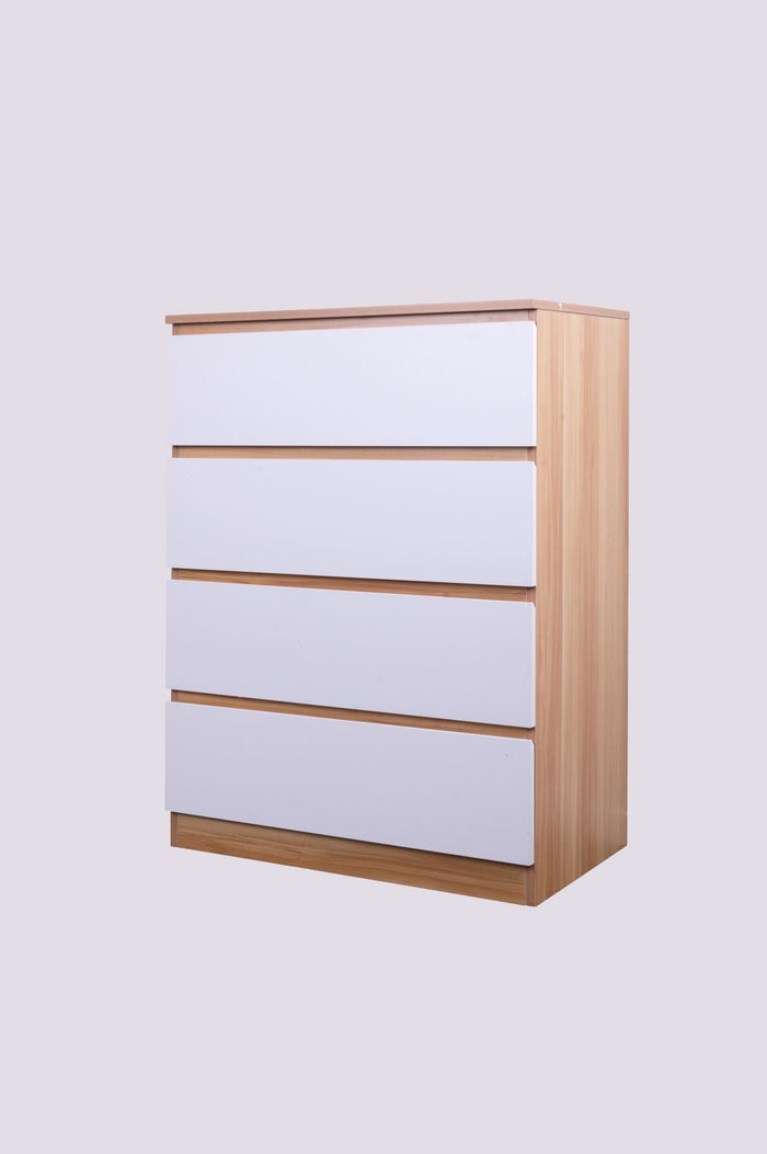 Set of four white and oak tall boys drawers from Sue-E Furniture's Monaco collection, showcasing sleek modern bedroom storage.