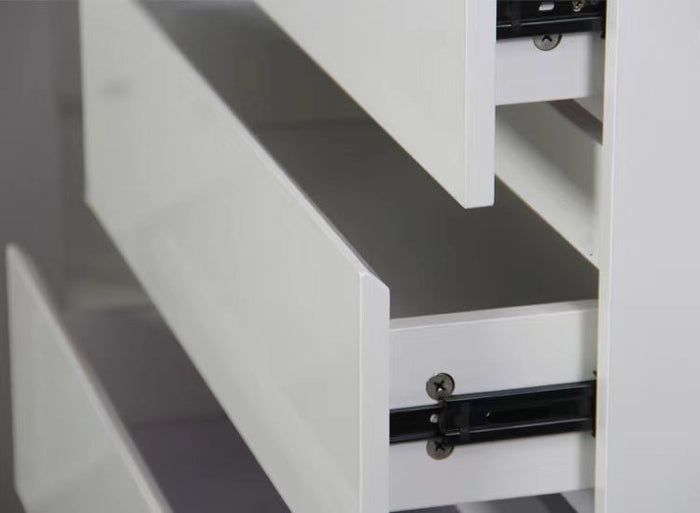 White Monaco bedside table by sue-e furniture with a single drawer and modern design, ideal for bedroom storage.