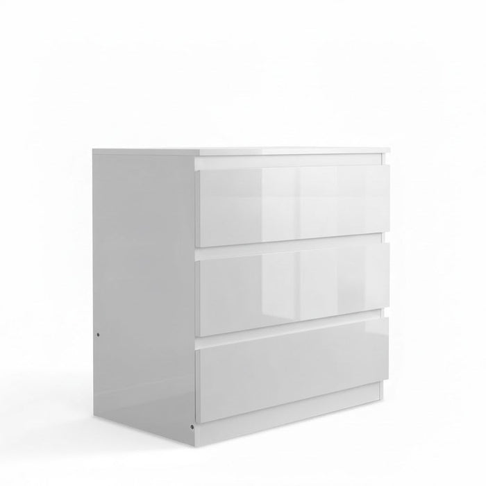 White Monaco low boy chest of 3 drawers by sue-e furniture, showing sleek design and sturdy wooden construction.