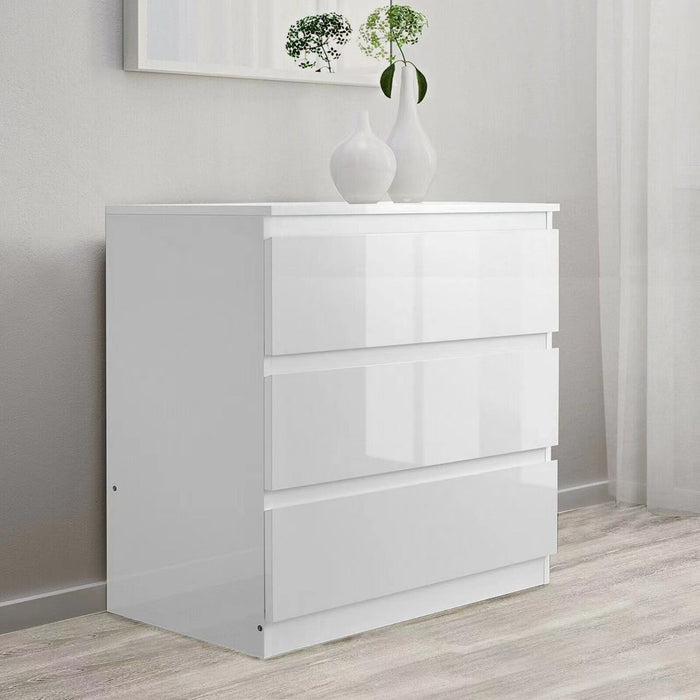 White Monaco low boy chest of 3 drawers by sue-e furniture, showcasing sleek design and smooth drawer fronts.