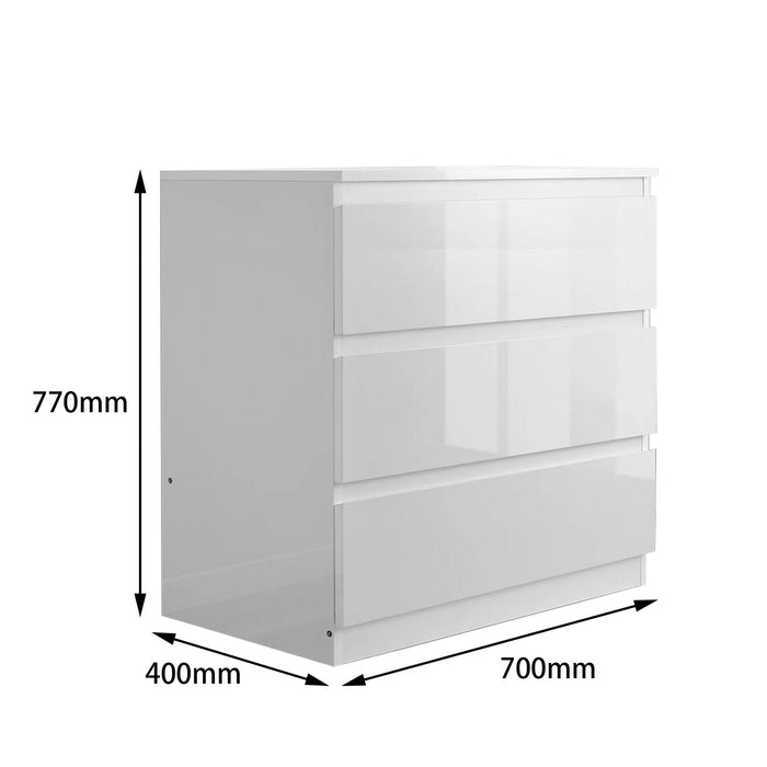 White Monaco low boys chest of 3 drawers by sue-e furniture, showing a sleek modern storage unit with clean lines.