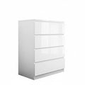White Monaco tall boy chest of 4 drawers by sue-e furniture, showcasing sleek modern storage with clean lines and ample space.