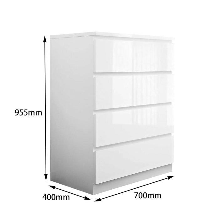 White Monaco tall boy chest of 4 drawers by sue-e furniture with sleek modern design and sturdy construction.
