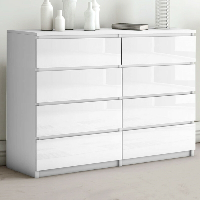 White Monaco low boy chest of 8 drawers by sue-e furniture, featuring a sleek design and multiple storage drawers.