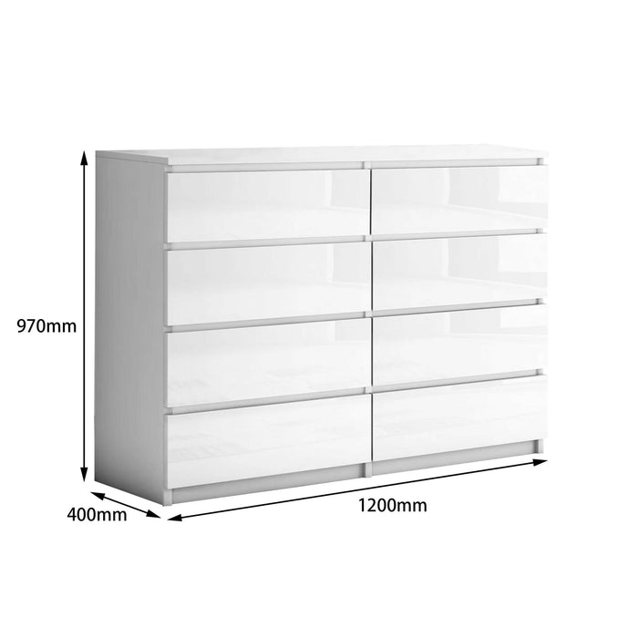 White Monaco low boy chest of 8 drawers by sue-e furniture, showing sleek design and spacious storage with eight drawers.