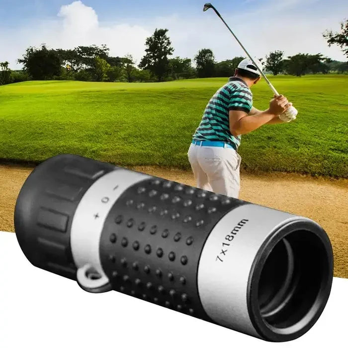 Habicare SS mini 7x18 monocular telescope with crosshairs and rangefinder for precise outdoor viewing and distance measurement.
