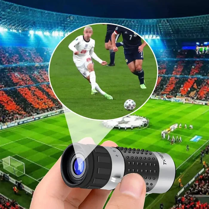 Habicare SS mini 7x18 monocular telescope with crosshairs and rangefinder for outdoor observation and distance measurement.