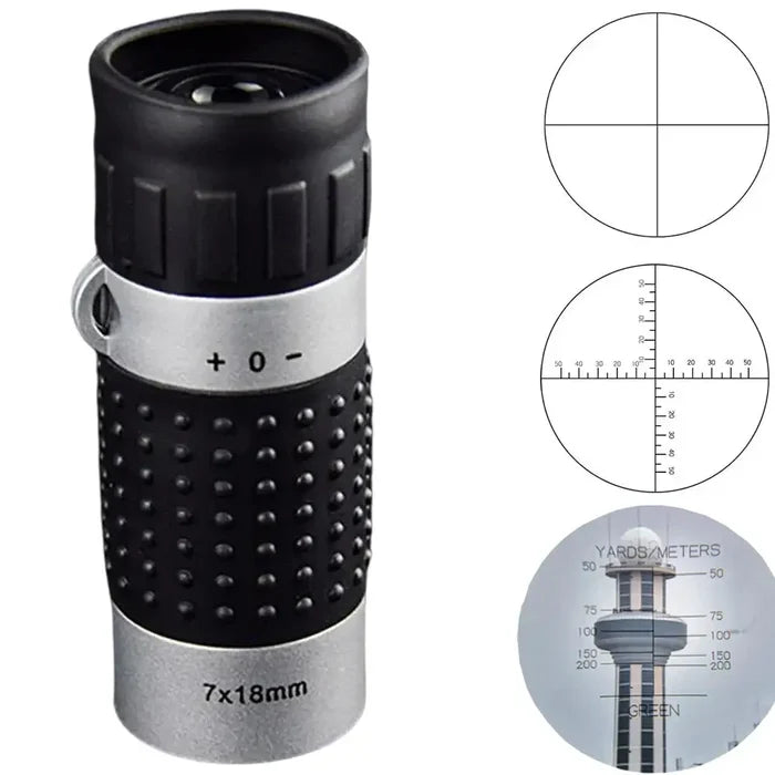 Habicare SS mini 7x18 monocular telescope with crosshairs and rangefinder for precise outdoor viewing and distance measurement.