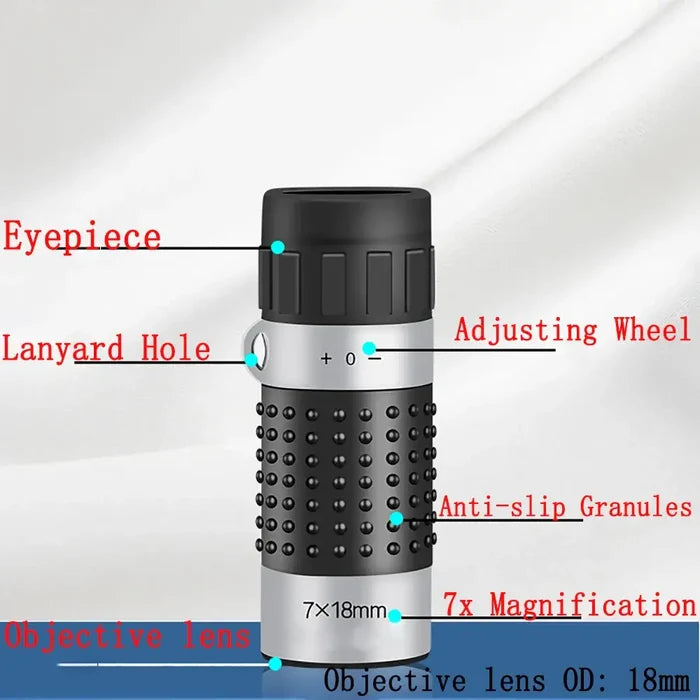Habicare SS mini 7x18 monocular telescope with crosshairs and rangefinder for precise outdoor viewing and distance measurement.