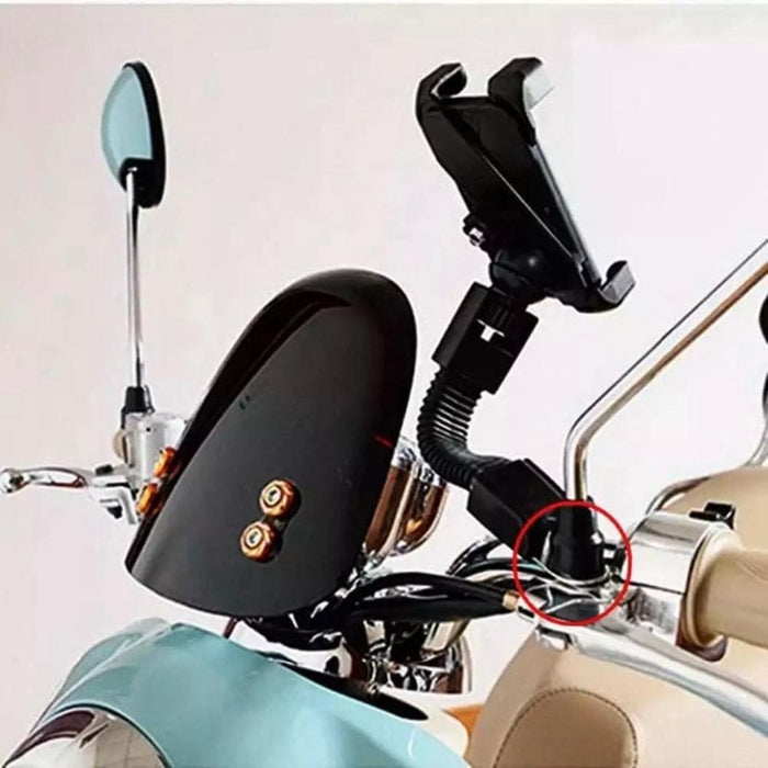 9eight5 motorcycle phone holder securely attached to handlebars, fits smartphones and tablets for easy navigation during rides.