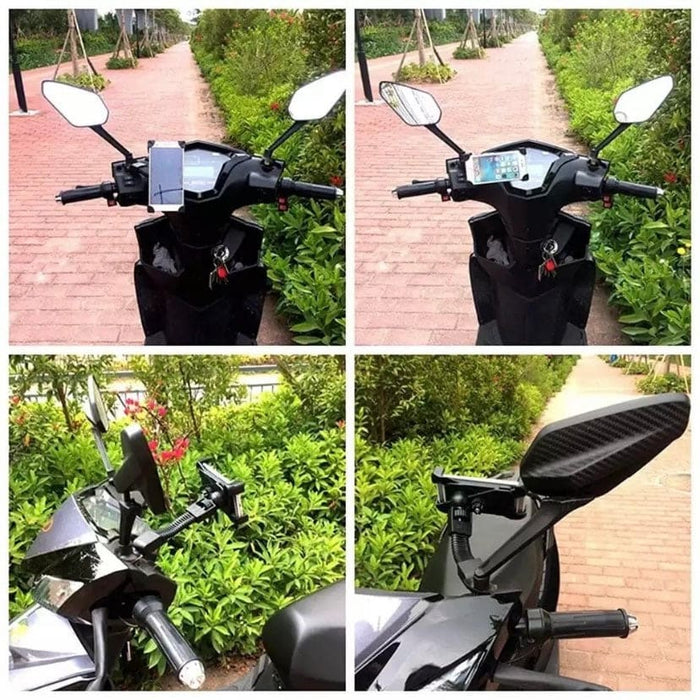 9eight5 motorcycle phone holder mounted on handlebars, secure grip for smartphones and tablets during rides.