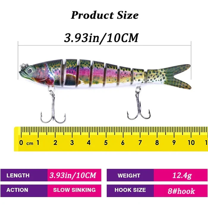 Multi-jointed SS Bionic Fishing Lure by Habicare, 10cm and 12.4g, shown in a set of 1, 3, or 5 pieces.