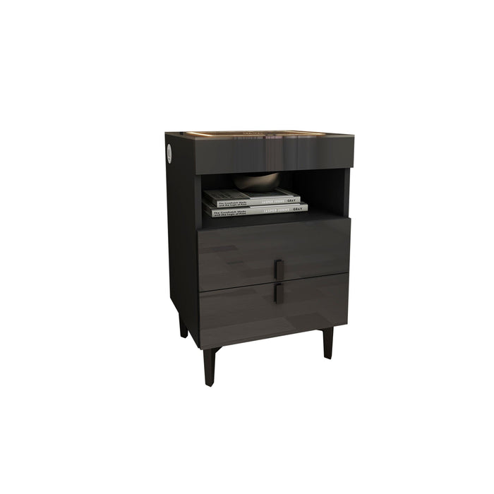 Sue-e furniture Nicola smart bedside table with wireless charging, featuring sleek design and integrated charging pad in a modern bedroom setting.