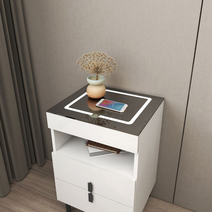 Modern Nicola smart bedside table by sue-e furniture with wireless charging pad and sleek wooden finish.