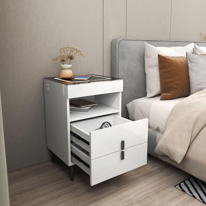 Sue-e Furniture Nicola smart bedside table with wireless charging station, featuring a modern wood finish and sleek design.