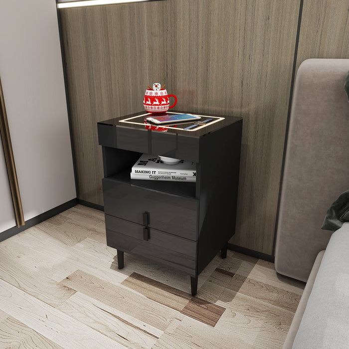 Nicola smart bedside table by sue-e furniture featuring wireless charging pad and modern design in a bedroom setting.