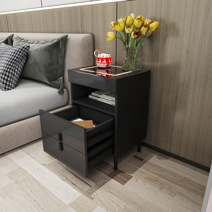 Smart bedside table by sue-e furniture featuring wireless charging, modern design, and sleek wood finish.