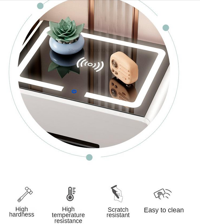 Modern Nicola smart bedside table by sue-e furniture with wireless charging pad and sleek wood finish.