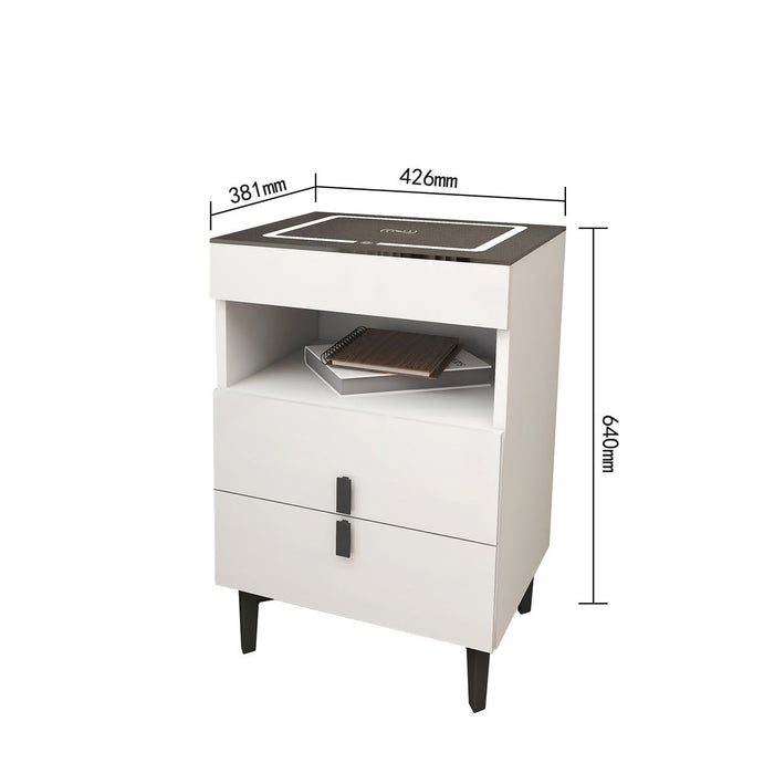 Smart bedside table by sue-e furniture with wireless charging surface and modern design, ideal for contemporary bedrooms.