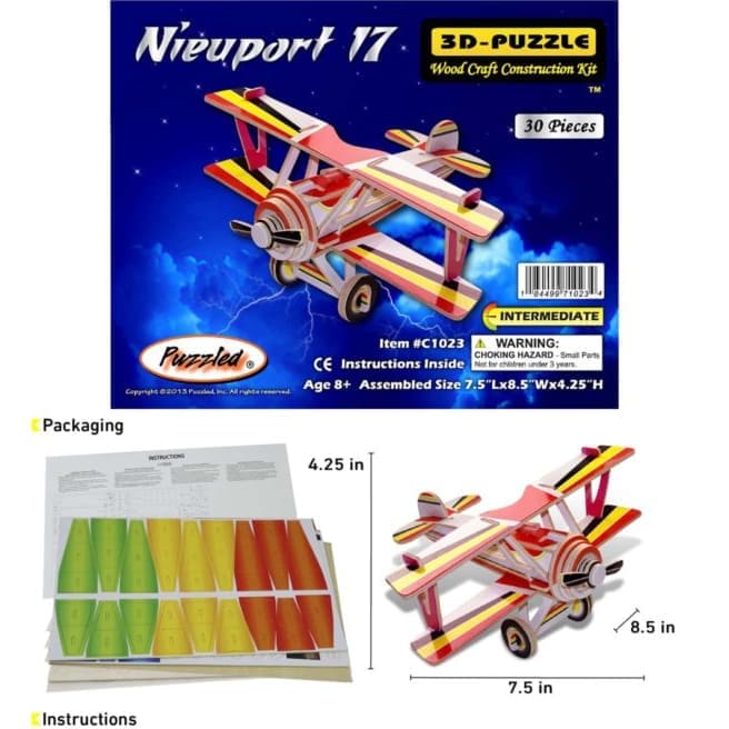 Illuminated Nieuport 17 3D puzzle by 9eight5, showcasing the detailed model with internal lighting effect.