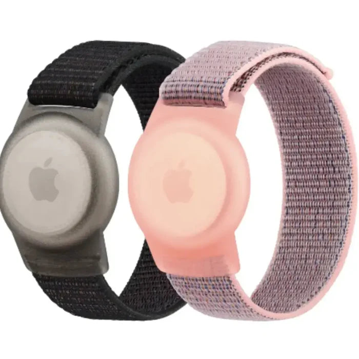 Nylon strap wristband for Apple AirTags TWS by Habicare, shown in black with adjustable design for secure attachment.