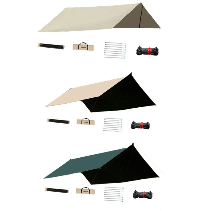 Habicare outdoor portable waterproof tarp, 3m x 4m, in three colors, shown spread out on outdoor terrain