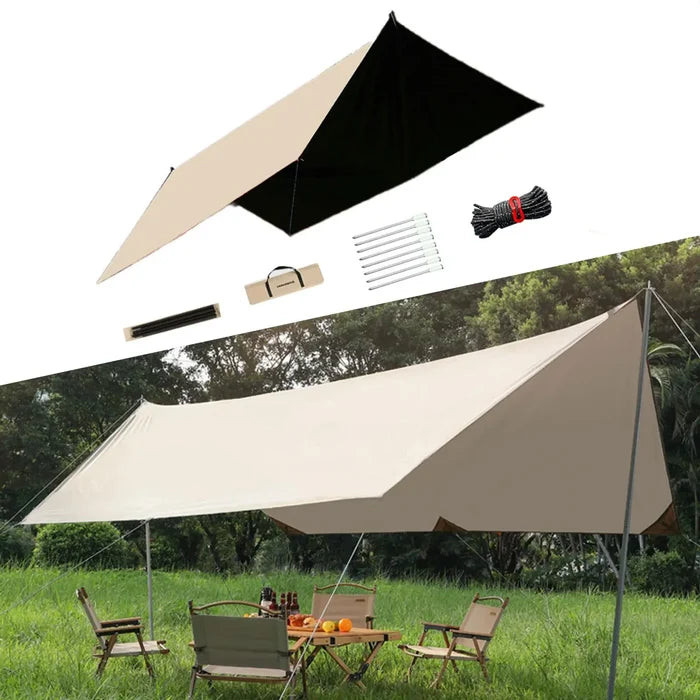 Habicare outdoor portable waterproof tarp in 3m x 4m size, available in three colors, shown fully spread outdoors.
