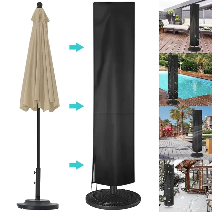 Habicare outdoor umbrella cover in SS fabric, weather-resistant design, protecting a patio umbrella from the elements.